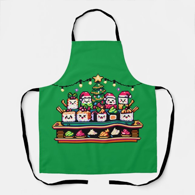 Tablier Arbre de Noël en Sushi Festif - Art Pixel mignon (Recto)