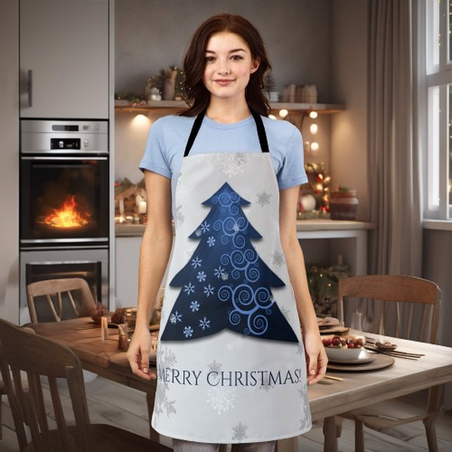 Tablier Arbre de Noël Festif Bleu Tout-En-Plan (Blue Festive Christmas Tree Apron)