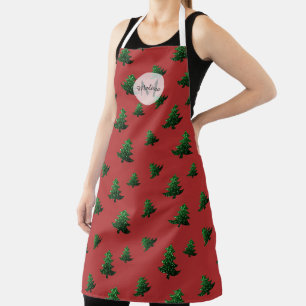 Tablier Arbre de Noël vert vert motif rouge Monogramme