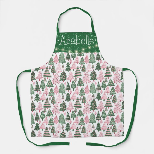 Tablier Arbres de Noël roses et verts (Recto)