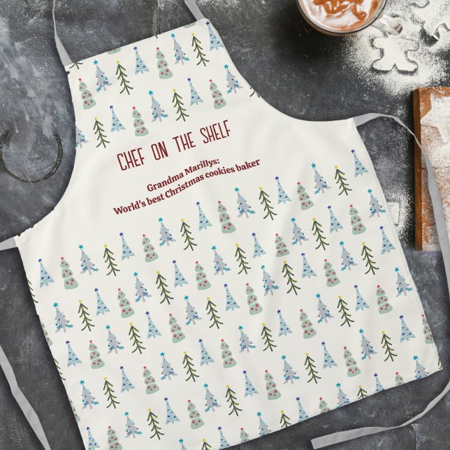 Tablier Arbres de Noël scandinaves dessinés à la main (Elegant Scandinavian Christmas apron with Christmas trees and your text.)