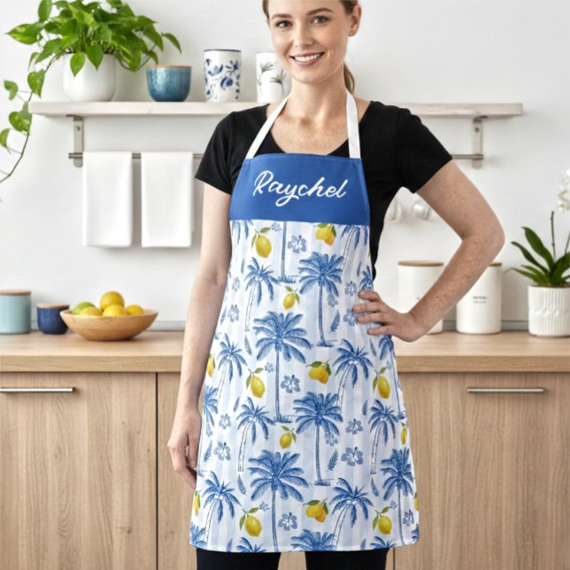 Tablier Arbres de palmier à toile bleue Citrons Monogramme (Créateur téléchargé)