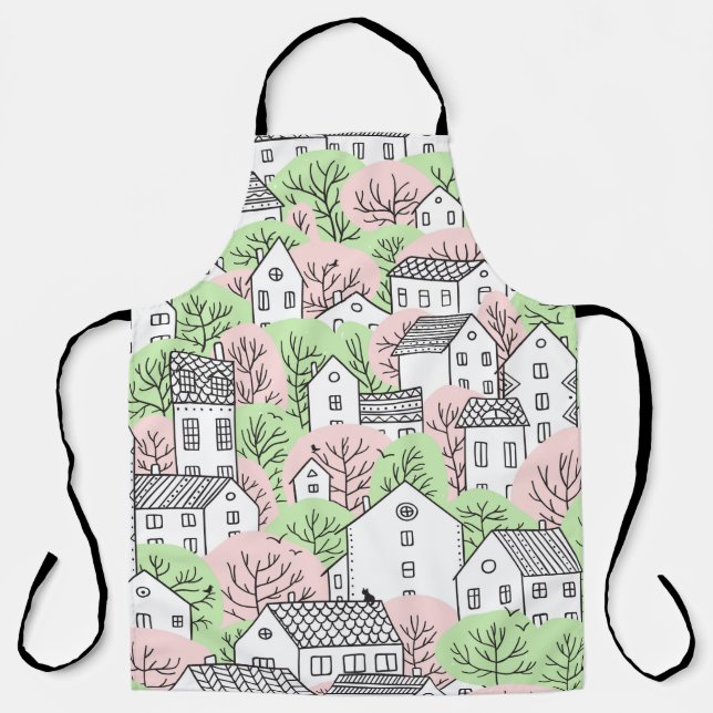 Tablier Arbres et maisons sans couture motif. Printemps et (Recto)