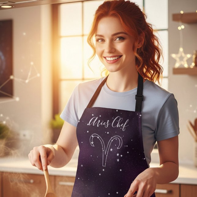 Tablier Aries Zodiac Astrology Purple Galaxy Personalized (It's Aries Season! Cook up a storm in the kitchen with this purple galaxy apron)