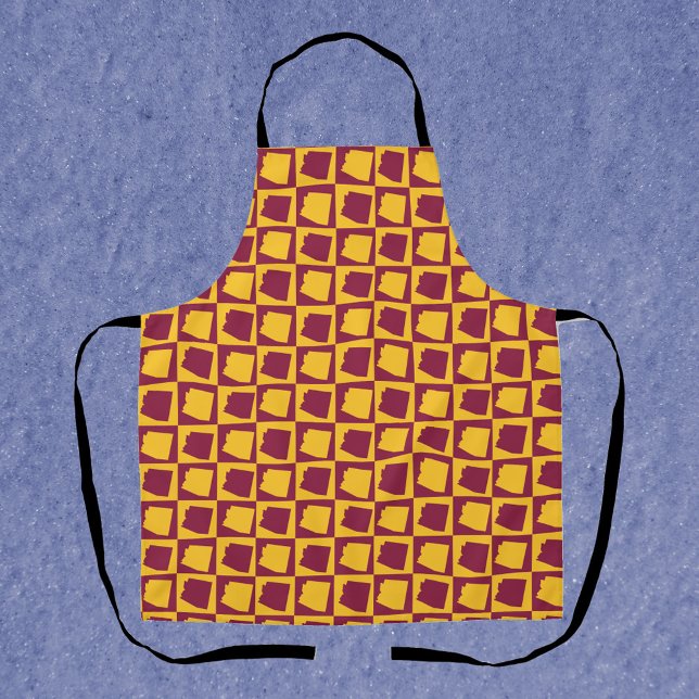 Tablier Arizona Pop Art Checkerboard Maroon Gold (An apron with a maroon and gold pattern featuring the US state of Arizona.)