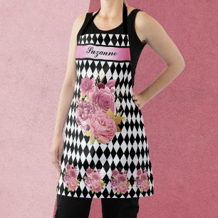 Tablier Arlequin noir blanc avec fleur rose et nom