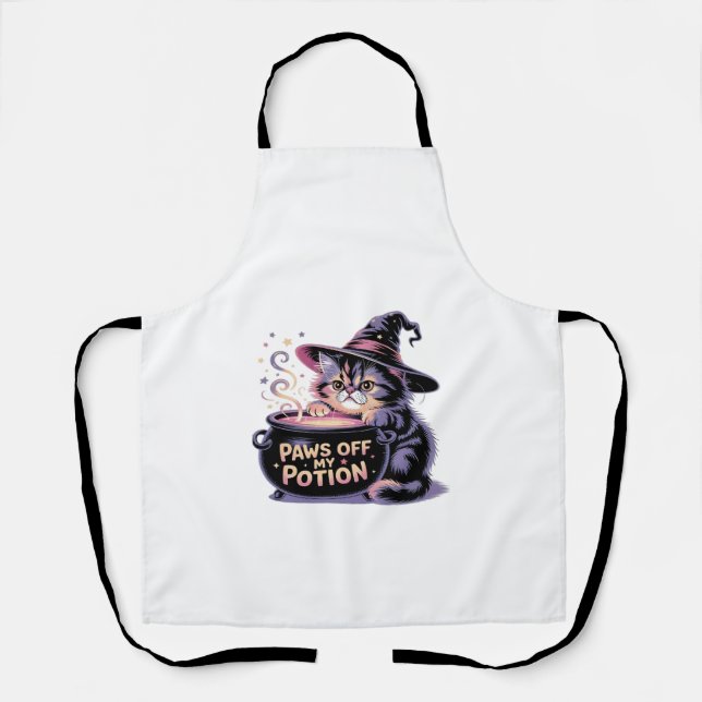 Tablier Arrêtez les pattes de ma potion, sorcière chat kaw (Recto)