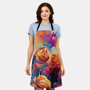 Tablier Art abstrait floral orange rouge bleu fleurs