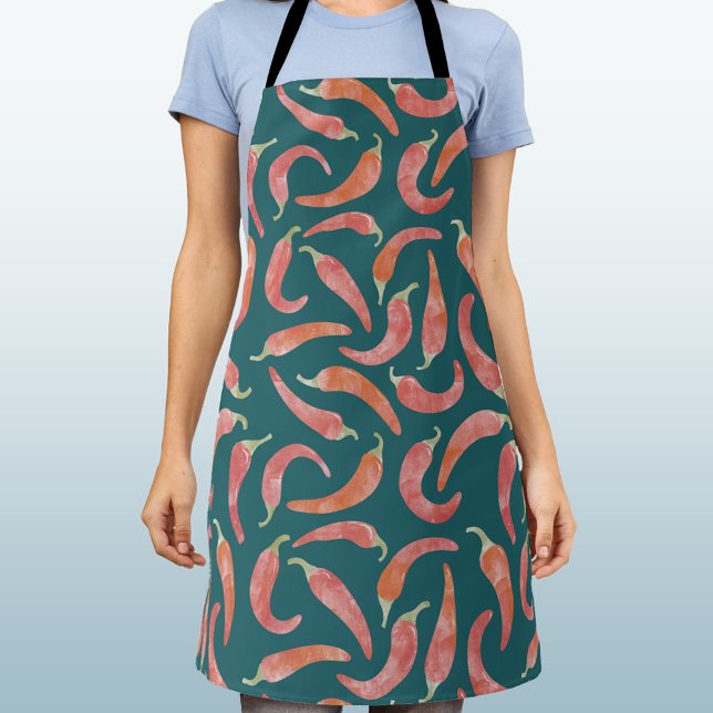 Tablier Art aquarelle de piment rouge sarcelle verte (Fun watercolor red chili pepper hot and spicy art apron)