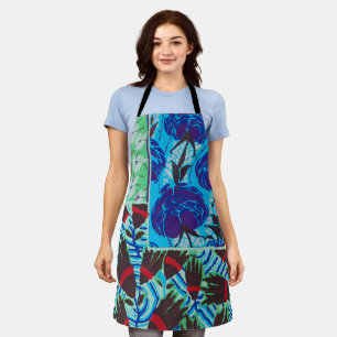Tablier Art floral bleu et vert maximaliste vibrant