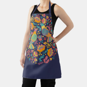 Tablier Art populaire mexicain d'oiseaux et de fleurs bleu
