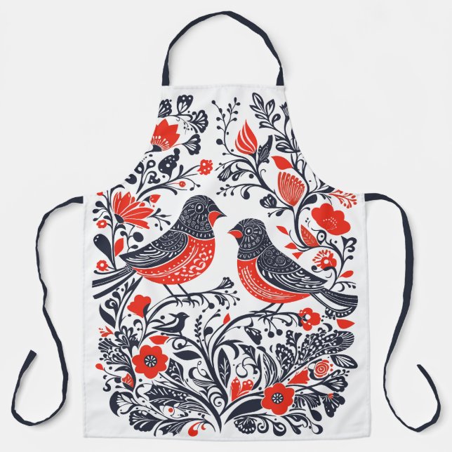 Tablier Art populaire scandinave Oiseaux Lino Coupe Design (Recto)