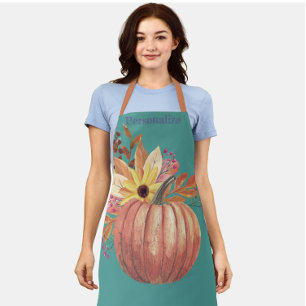 Tablier Automne citrouille terre cuite fleurie orange et t
