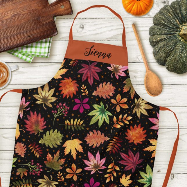 Tablier Automne Récolte Feuilles d'automne et feuillage No (Autumn Harvest Fall Leaves and Foliage Black Name Apron)