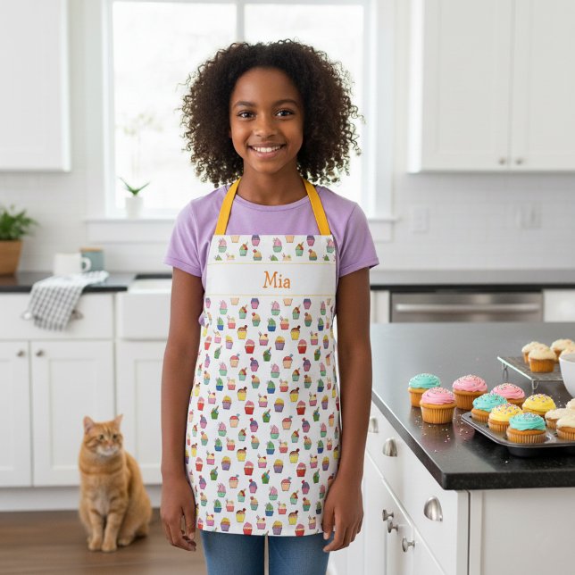 Tablier avec nom personnalisé et impression de cup (Cute and colorful cupcake apron with custom name.)