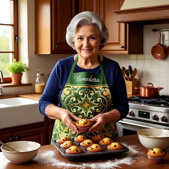 Tablier Avec son nom 💚 💛 olivier et jaune Azulejos (With own name💚💛 olive and yellow Azulejos Apron)