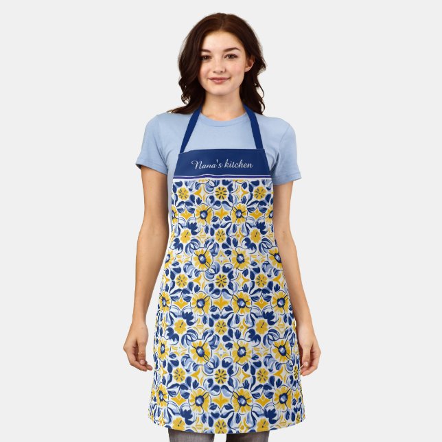 Tablier Avec texte 💛 💙 Bleu et jaune Azulejos floral (Porté)