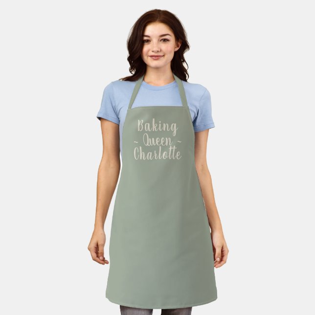 Tablier Baking queen sauge vert script personnalisé nom él (Porté)