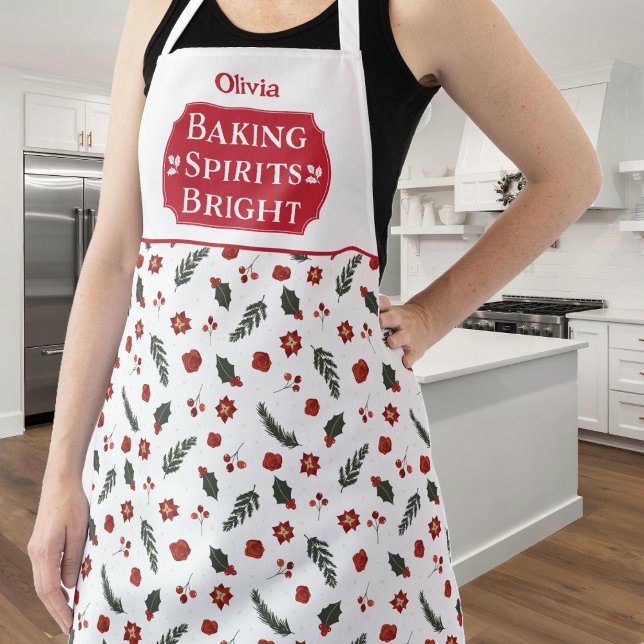 Tablier Baking Spirits brillant Monogramme Noël (Baking Spirits Bright Holiday Baking Apron with name. Bake and cook in your new favorite apron.)