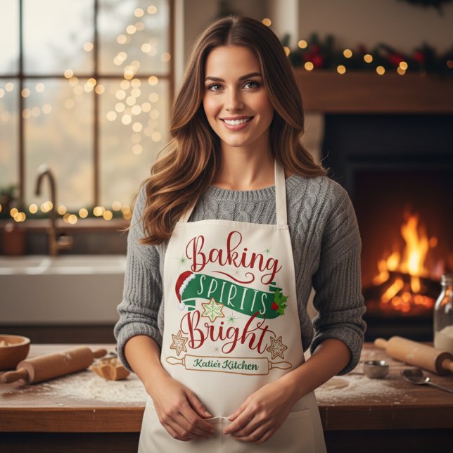 Tablier Baking Spirits brillant Noël personnalisé (Baking Spirits Bright Personalized Christmas Apron - Perfect for the Christmas Holidays!)