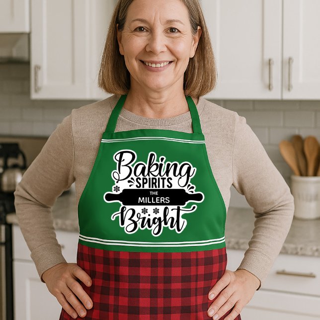 Tablier Baking Spirituels Bright Custom Christmas (Baking Spirits Bright Custom Christmas Apron With red and black gingham plaid and green)