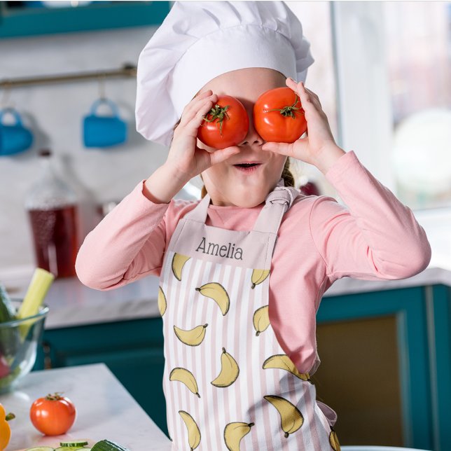 Tablier Bande mignonne rose et blanche (Cute Yellow Banana Pattern on a Pink and White Stripes Background. Personalized with Name.)