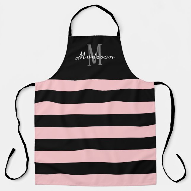 Tablier Bandes noires roses Nom du script du monogramme (Recto)