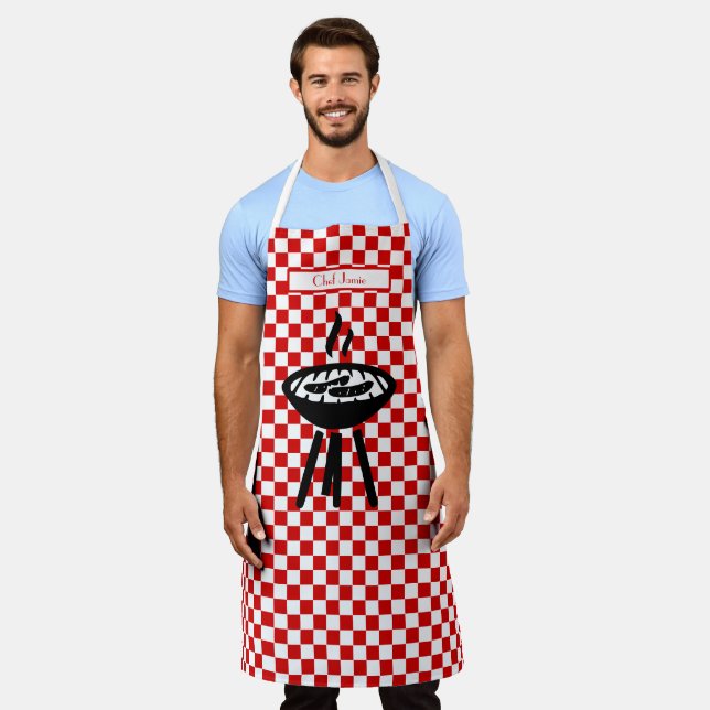 Tablier Barbecue DIY Couleurs Damier Rouge Blanc  (Porté)