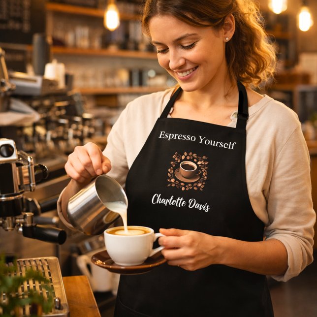 Tablier Barista noir blanc tasse café fèves nom citation (Créateur téléchargé)