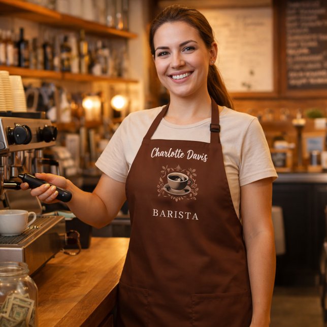 Tablier Barista tasse brune café haricots nom script (Créateur téléchargé)