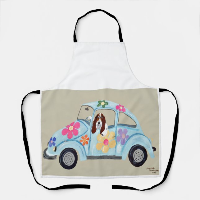 Tablier Basset Hound in Hippie car All-Over Print Apron (Recto)