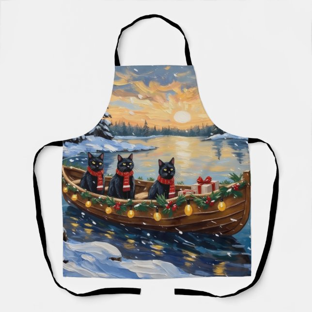 Tablier Bateau de Noël de Chat Noir pour les Fêtes (Recto)