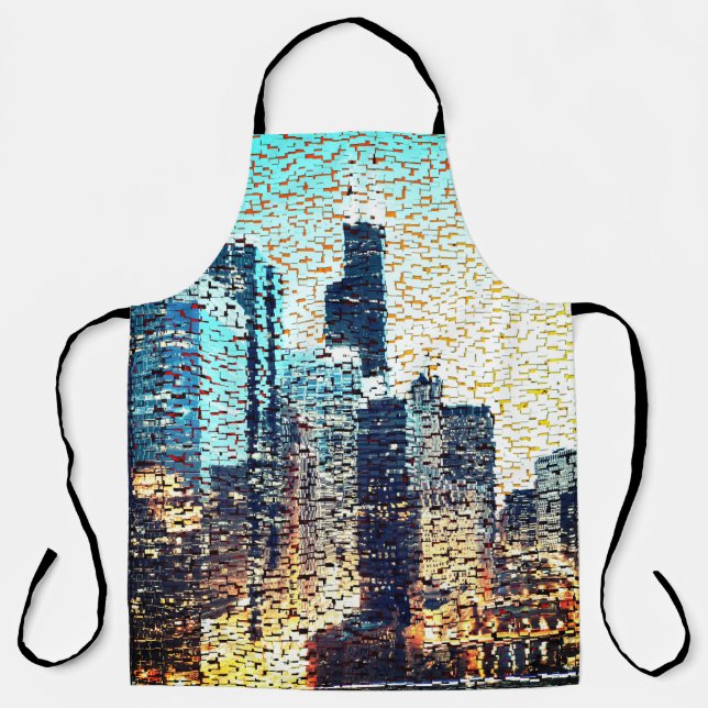 Tablier Bâtiments de la ville bleue en mosaïque avec relie (Recto)