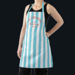 Tablier Beach House Nom personnalisé Blue Cabana Stripe<br><div class="desc">Cuisinez dans le style avec notre Beach House Custom Name Blue Cabana Stripe Apron, un mélange parfait de charme côtier et d'atmosphère personnalisée. Ce tablier animé présente un design rayé de cabane bleu ciel et peut être customisé avec votre nom de famille, date et emplacement établis, ce qui en fait...</div>