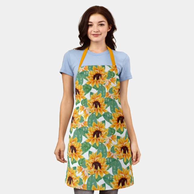 Tablier Beaux Tournesols Jaune & Motif Vert (Porté)