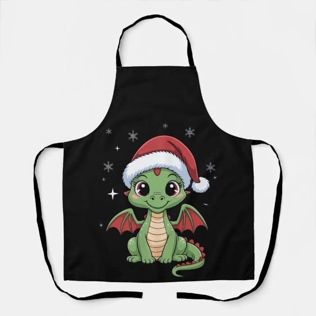 Tablier Bébé dragon de Noël Chapeau de Père Noël Flocons d (Recto)