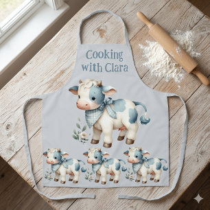 Tablier Bébé Vache Gingham Bleu Pastel Esthétique Ferme