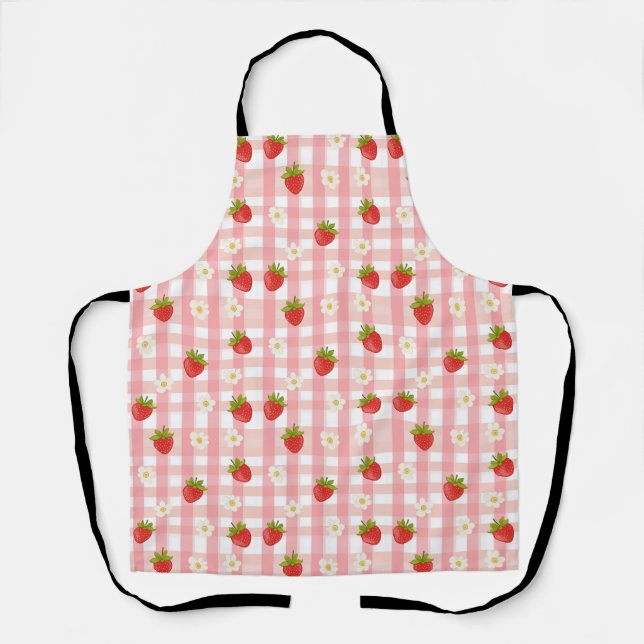 Tablier Belle fraise et fleurs sur en vichy rose (Recto)