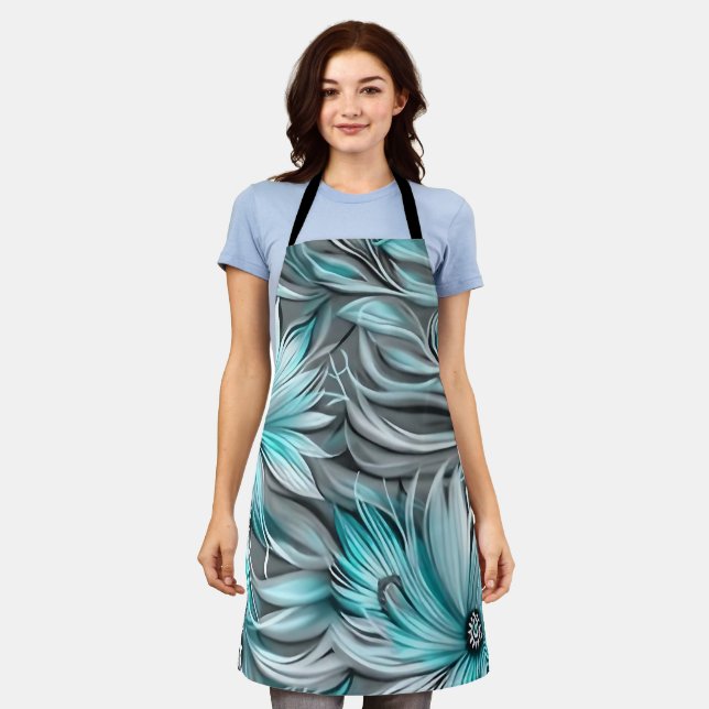Tablier Belle impression Florale Turquoise Bleue (Porté)