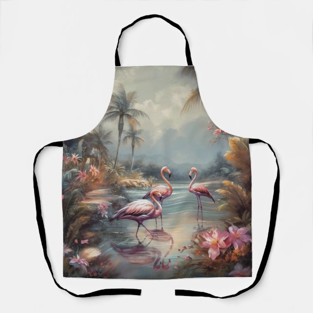 Tablier belle peinture vintage flamants roses (Recto)