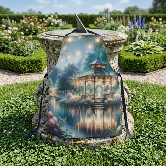 Tablier Belvédère du jardin enchanté, reflet du crépuscule (Enchanted Garden Gazebo Twilight Reflection Apron Hanging on Sundail)
