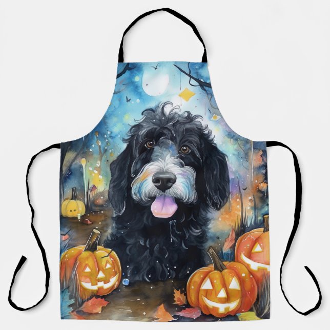Tablier Bernedoodle Halloween avec citrouilles effrayant (Recto)