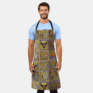 TABLIER BESTIAIRE MÉDIÉVAL, ANIMAUX FANTASTIQUES, ROUGE 