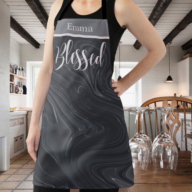 Tablier Bienheureux Script Moderne Faux Marbre Personnalis (Blessed Modern Script Faux Marble Personalized Apron)