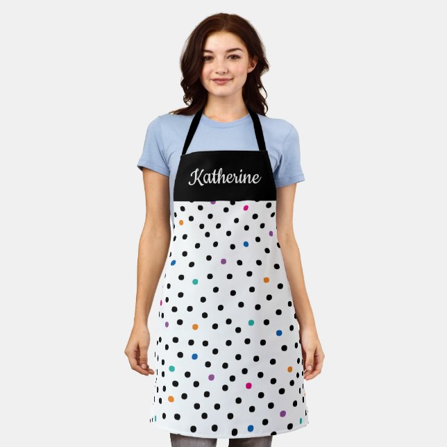 Tablier Black and White Polka Dot Custom Name Apron (Porté)