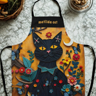 Tablier Black Cat Folk Art coloré floral Apron