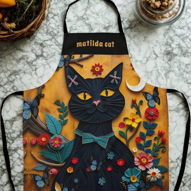 Tablier Black Cat Folk Art coloré floral Apron (Just add your name to this cute black cat kitchen apron)