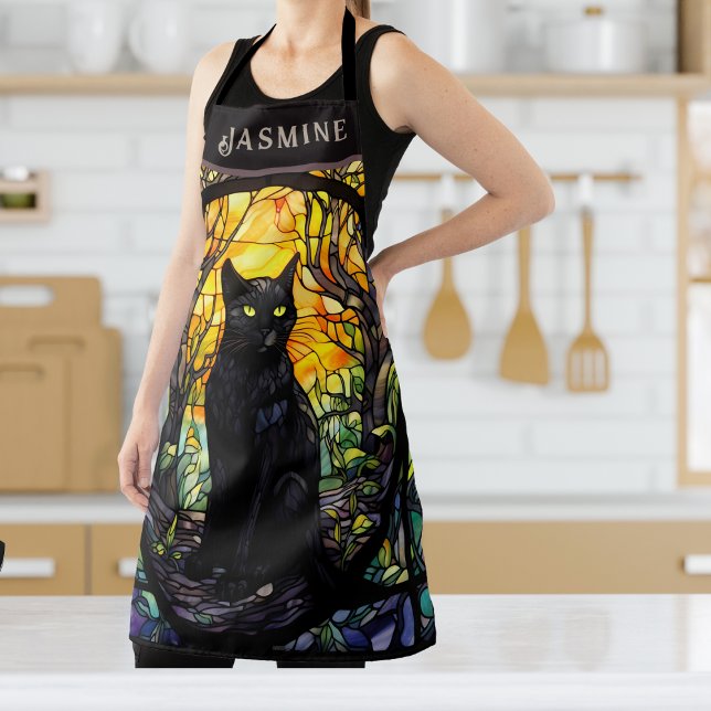 Tablier Black Cat Vitrail jaune (Black Cat Lover Stained Glass  Apron)