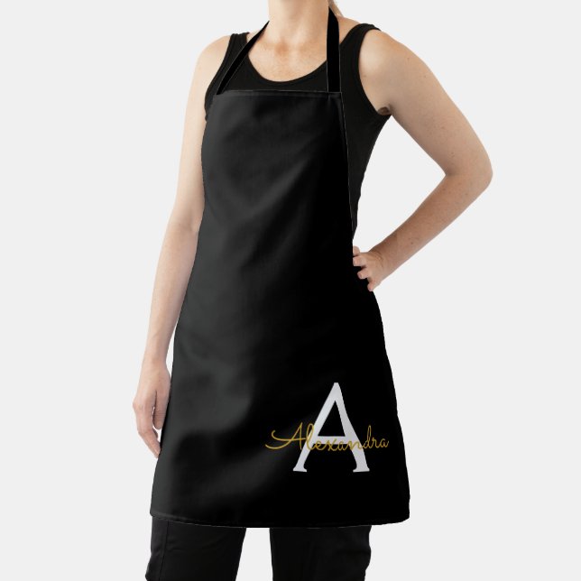 Tablier Black Gold Modern Script Girl Monogramme Nom Apron (Insitu)