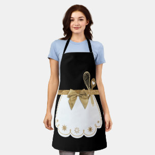 Tablier Black & Gold White Fake Apron Cuisson Whisk & Spoo